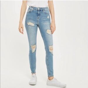 TOPSHOP Jamie Moto Skinny Jeans Distressed Light Wash